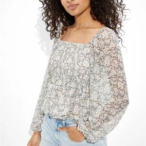 American Eagle Floral Smocked Square Neck Flounce Cropped Top